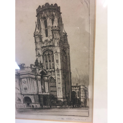 520 - EDWARD W SHARLAND. PENCIL SIGNED, COLOURED ETCHING OF BRISTOL UNIVERSITY TOWER, WITH HANDWRITTEN DET... 