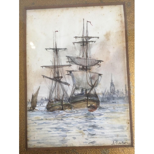 524 - WATERCOLOUR OF SAILING SHIPS, BELIEVED TO BE ON THE THAMES WITH THE CITY BEYOND SIGNED ADOLPH RAYGON