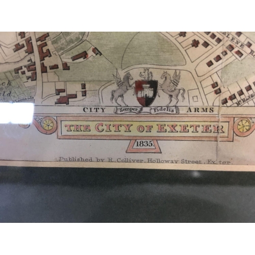 533 - ANTIQUE HAND COLOURED MAP OF THE STREET DETAILS OF THE CITY OF EXETER, DATED 1835