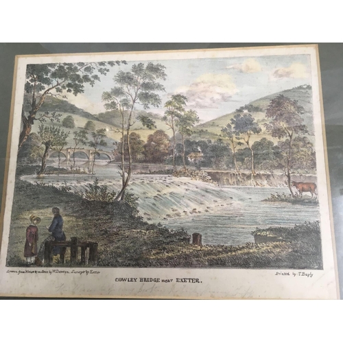 535 - ANTIQUE COLOURED ENGRAVING OF COWLEY BRIDGE NEAR EXETER WITH INDISTINCT WRITING BENEATH THE IMAGE