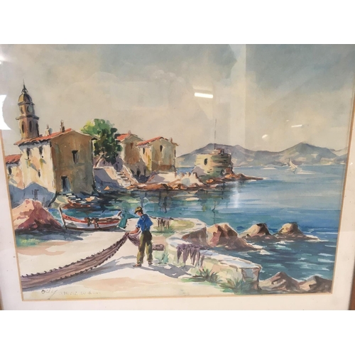 543 - WATERCOLOUR OF ST TROPEZ WITH A FIGURE TIDYING FISHING NETS, INDISTINCTLY SIGNED. ALSO INSCRIBED TO ... 