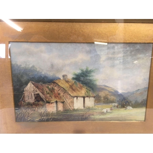 545 - VICTORIAN WATERCOLOUR OF A FARMSTEAD WITH CATTLE IN A LANDSCAPE