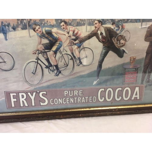 546 - OLD COLOURED ADVERTISING POSTER FOR FRY'S COCOA IN A CARVED WOOD FRAME