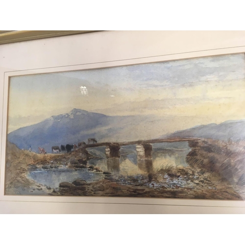 548 - WILLIAM WIDGERY; FARMER DRIVING CATTLE ACROSS A DARTMOOR CLAPPER BRIDGE, SIGNED, WATERCOLOUR