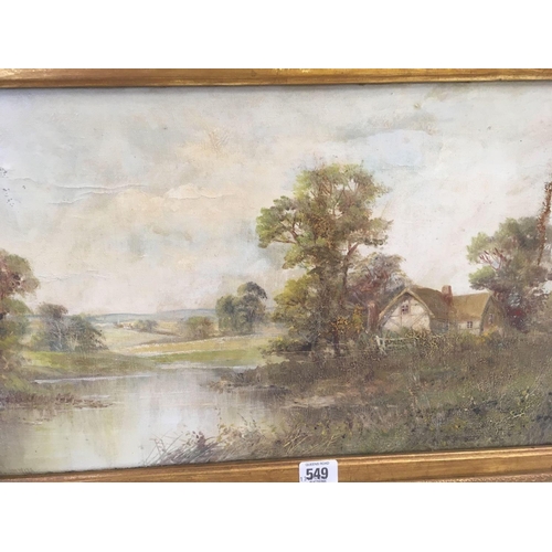 549 - 19THC OIL PAINTING ON CANVAS OF COUNTRY COTTAGE IN EXTENSIVE RIVER LANDSCAPE, INDISTINCTLY SIGNED LO... 