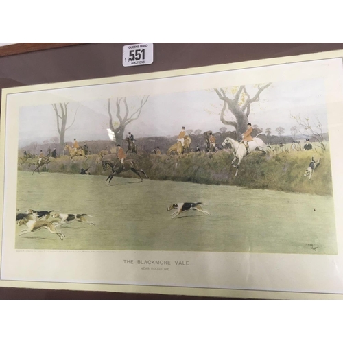 551 - CECIL ALDIN, COLOUR PRINT OF THE BLACKMORE VALE TOGETHER WITH AN ANTIQUE EQUESTRIAN PRINT OF TWO RAC... 