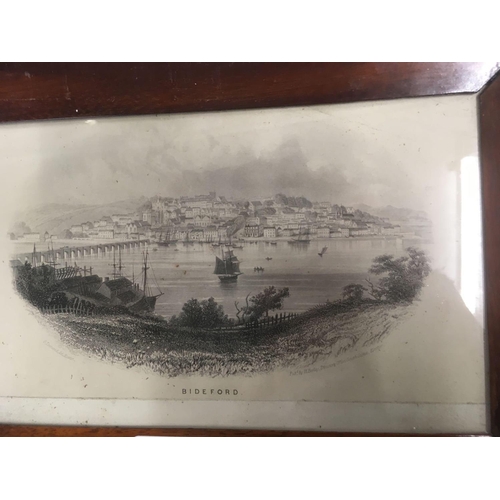 554 - ANTIQUE ROSEWOOD FRAMED STIPPLE ENGRAVING OF A VIEW OF BIDEFORD TOGETHER WITH AN ANTIQUE ENGRAVING O... 