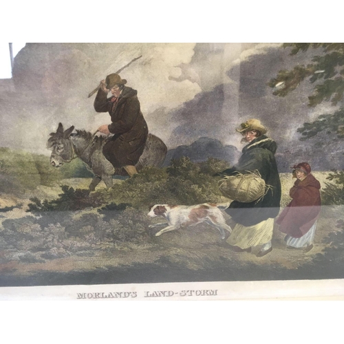 556 - 18THC GEORGIAN COLOURED ENGRAVING AFTER GEORGE MORLAND ENTITLED ''MORLAND'S LAND STORM''