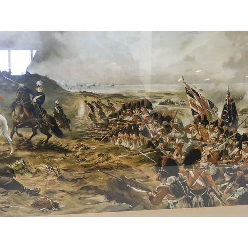 559 - 19THC COLOURED PRINT OF A BATTLE SCENE, INDISTINCTLY SIGNED & DATED 1883, 16'' X 26''