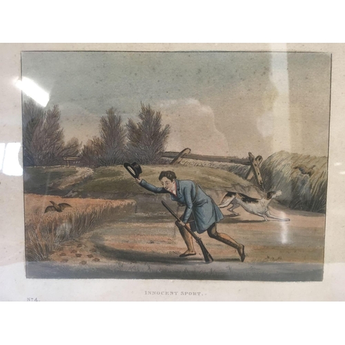 563 - UNUSUAL EARLY 19THC HAND-COLOURED SPORTING PRINT BY HENRY ALKEN ENTITLED ''INNOCENT SPORT'' WITH GUN... 