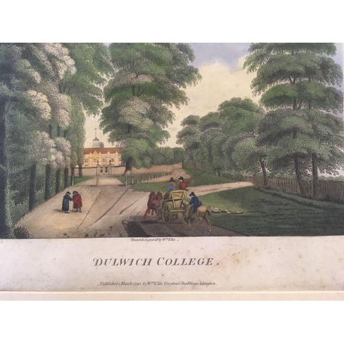 564 - ANTIQUE COLOURED PRINT OF DULWICH COLLEGE, DRAWN, ENGRAVED & PUBLISHED BY WILLIAM ELLIS 1792, UNFRAM... 