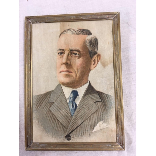 567 - HEAD & SHOULDERS MINIATURE PORTRAIT ON SILK OF U.S.  PRESIDENT WOODROW WILSON CIRCA 1920.  TOGETHER ... 