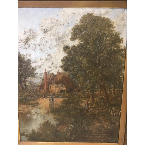 571 - R DUMONT-SMITH, PAIR OF OIL PAINTINGS ON CANVAS OF SCENES WITH COTTAGES, FIGURES & DUCKS ETC,  20'' ... 