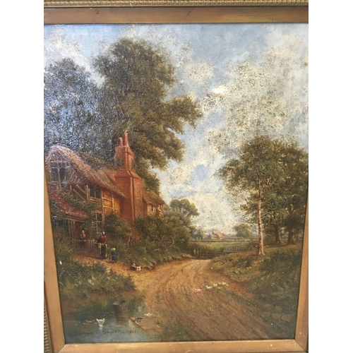 571 - R DUMONT-SMITH, PAIR OF OIL PAINTINGS ON CANVAS OF SCENES WITH COTTAGES, FIGURES & DUCKS ETC,  20'' ... 