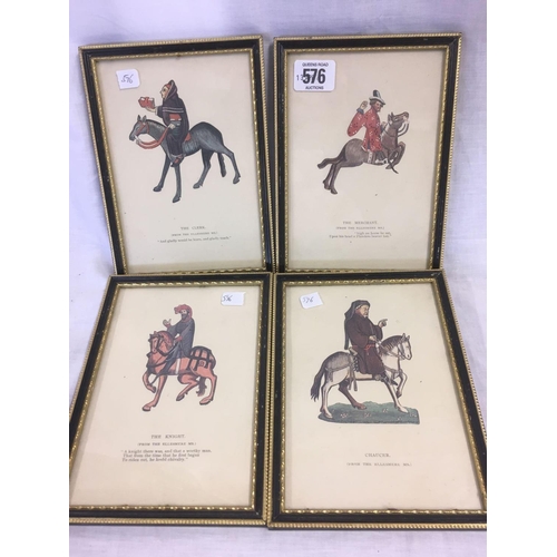 576 - SET OF 4 HOGARTH FRAMED COLOUR PRINTS OF MEDIEVAL FIGURES ON HORSEBACK, DETAILS BELOW IMAGE