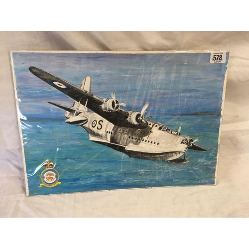 578 - ORIGINAL PAINTING OF A SUNDERLAND FLYING BOAT, BY TREVOR MORGAN. DETAILS TO REVERSE