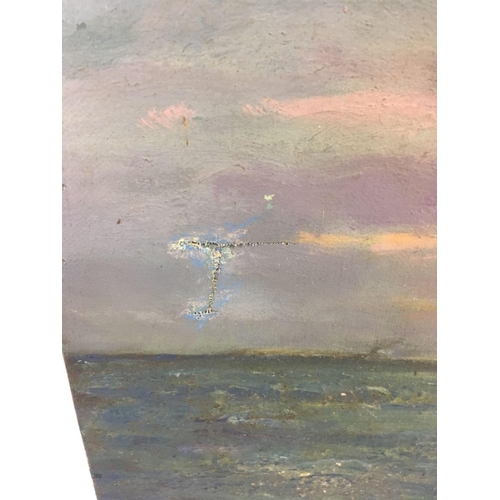 579 - UNFRAMED OIL PAINTING ON CANVAS, ENTITLED ''SUNSET OVER RAME HEAD''.