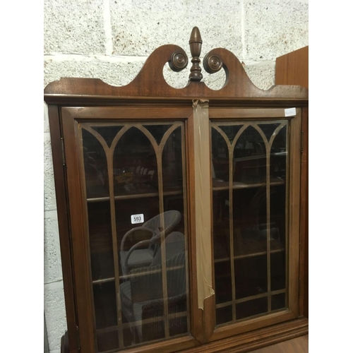 593 - PERIOD GLAZED BOOKCASE ON DROP FRONT BUREAU WITH 2 DRAWERS