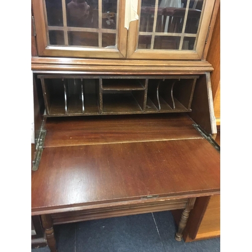 593 - PERIOD GLAZED BOOKCASE ON DROP FRONT BUREAU WITH 2 DRAWERS