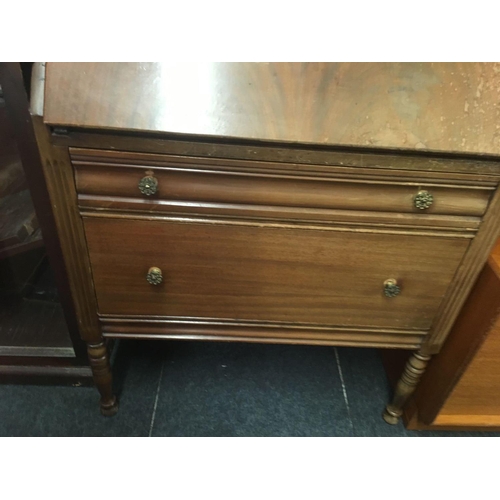 593 - PERIOD GLAZED BOOKCASE ON DROP FRONT BUREAU WITH 2 DRAWERS