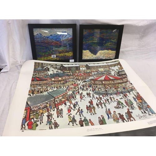 610 - 2 BLACK FRAMED & GLAZED PAINTINGS OF  MODERN MOORLAND SCENES PAUL STEPHENS & A PRINT BY EDITH LE BRE... 