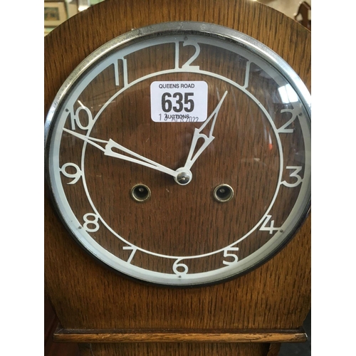 635 - OAK GRAND DAUGHTER CLOCK BY SMITHS, APPROX 52'' HIGH, NOT KNOWN IF WORKING