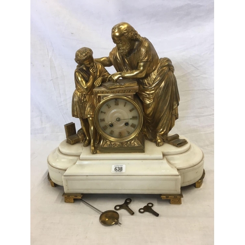 638 - ORMULU MARBLE BASE MANTEL CLOCK WITH GILT GREEK FIGURES