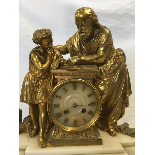 638 - ORMULU MARBLE BASE MANTEL CLOCK WITH GILT GREEK FIGURES