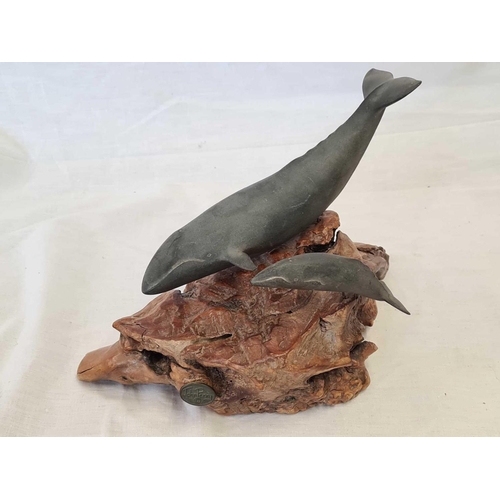 644 - MODEL OF A WHALE & CALF ON WOODEN PLINTH BY JOHN PERRY