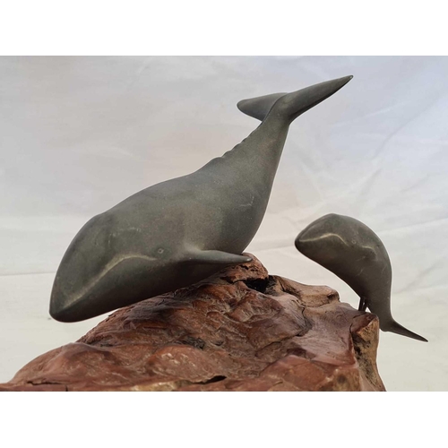 644 - MODEL OF A WHALE & CALF ON WOODEN PLINTH BY JOHN PERRY