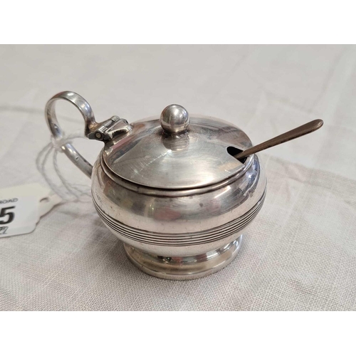 645 - SILVER MUSTARD POT WITH B.G.L & SPOON BY HARRY ATKIN, SHEFFIELD 1938