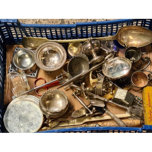 67 - 2 CARTONS OF VARIOUS PLATED ITEMS, SALTS, NAPKIN RINGS & BRIC-A-BRAC