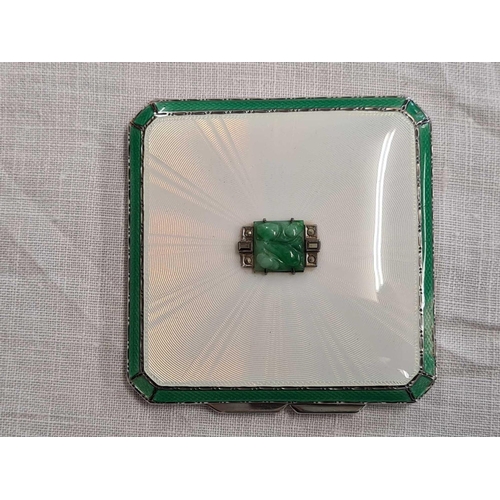 680 - ENGINE TURNED GUILLOCHE & JADE DECORATED SILVER ART DECO POWDER COMPACT & MIRROR, B'HAM 1937