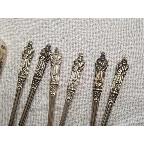 683 - SET OF 6 SILVER PLATED APOSTLE SPOONS WITH MATCHING SUGAR TONGS