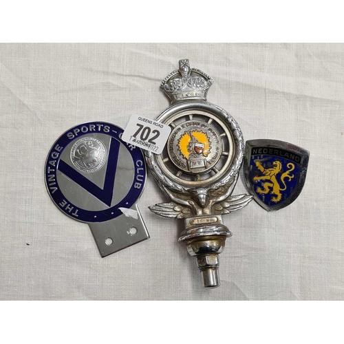 702 - 3 CAR BADGES INCL;    RAC CLUB OF SOUTH AFRICA & VINTAGE SPORTS CAR CLUB & NETHERLAND