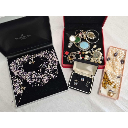 728 - 2 BOXES OF COSTUME JEWELLERY, A PAIR OF DEVON CRESTED CUFF LINKS & PIN BADGE AND A BOXED NECKLACE