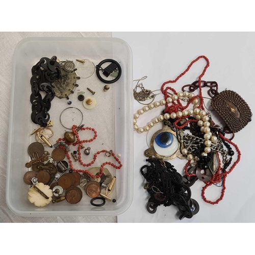 730 - PLASTIC CONTAINER OF COINS, CUFF LINKS, BEADS ETC