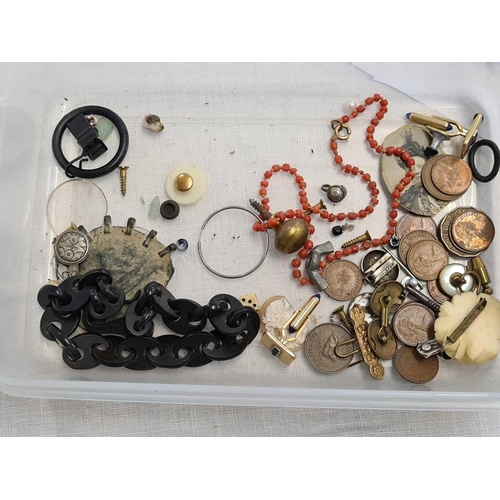 730 - PLASTIC CONTAINER OF COINS, CUFF LINKS, BEADS ETC