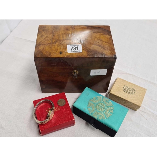 731 - FLAME VENEERED JEWELLERY BOX & A LADIES WRIST WATCH