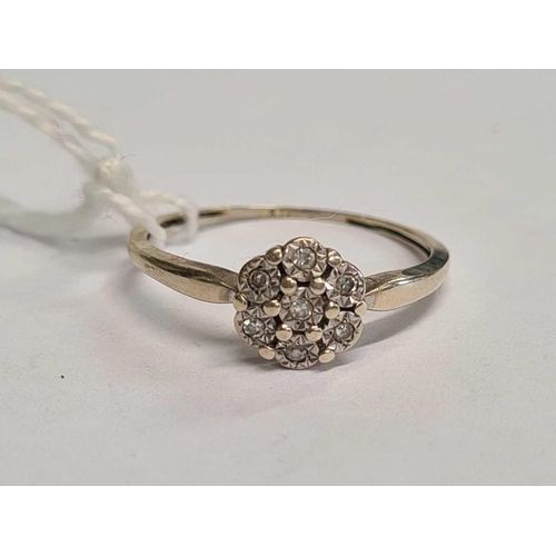 755 - A 9ct WHITE GOLD RING WITH CIRCULAR DIAMOND CLUSTER