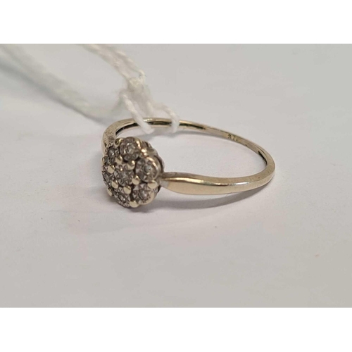 755 - A 9ct WHITE GOLD RING WITH CIRCULAR DIAMOND CLUSTER