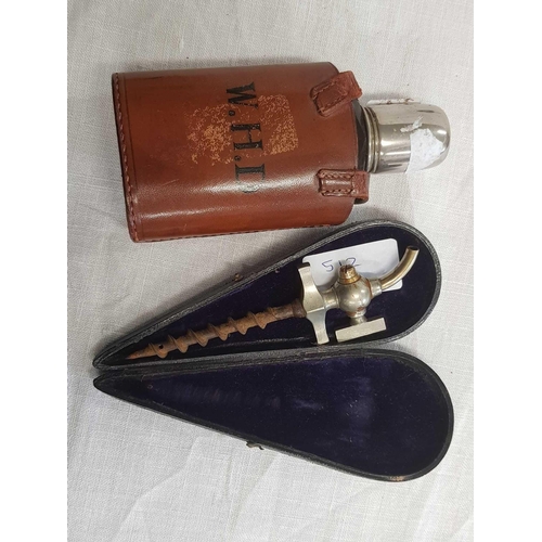 769 - PERIOD CORKSCREW FASHIONED AS A TAP IN ORIGINAL BOX & GLASS HIP FLASK IN LEATHER CASE BEARING THE IN... 