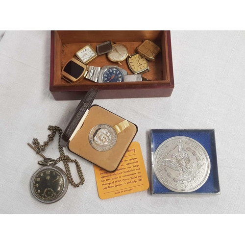 771 - WOODEN BOX WITH QTY OF WATCHES & MEDALLIONS