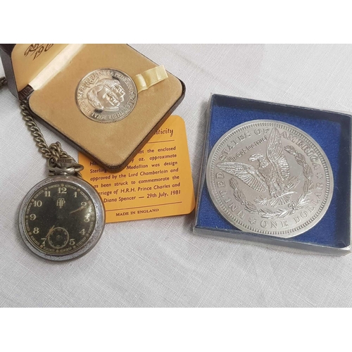 771 - WOODEN BOX WITH QTY OF WATCHES & MEDALLIONS