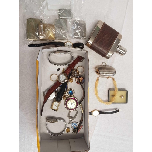 778 - CARTON OF WATCHES, HIP FLASK & OTHER METAL ITEMS