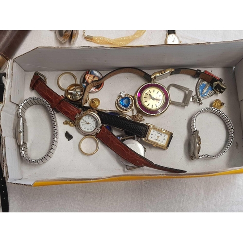 778 - CARTON OF WATCHES, HIP FLASK & OTHER METAL ITEMS