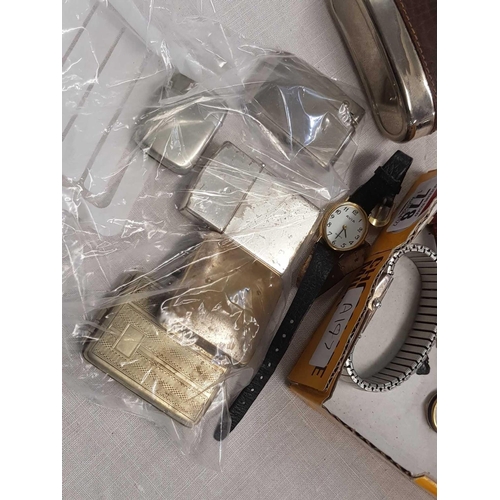 778 - CARTON OF WATCHES, HIP FLASK & OTHER METAL ITEMS