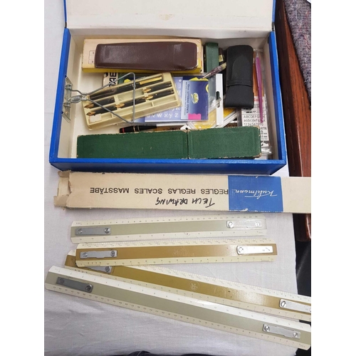 784 - BOX WITH ITEMS RELATING TO TECHNICAL DRAWING & CALLIGRAPHY, RULERS, FOUNTAIN PENS ETC