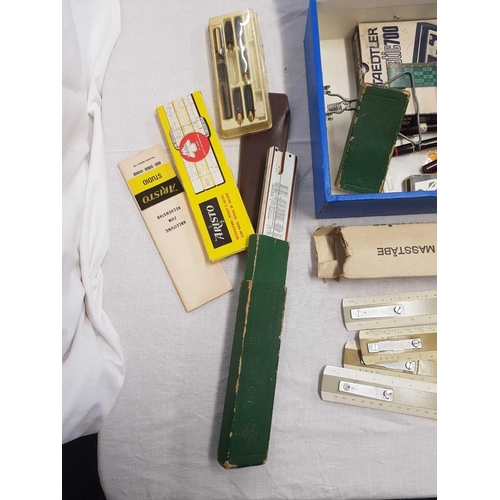 784 - BOX WITH ITEMS RELATING TO TECHNICAL DRAWING & CALLIGRAPHY, RULERS, FOUNTAIN PENS ETC