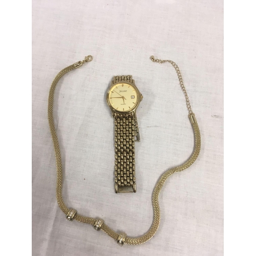 831 - YELLOW METAL WRIST WATCH & NECKLACE